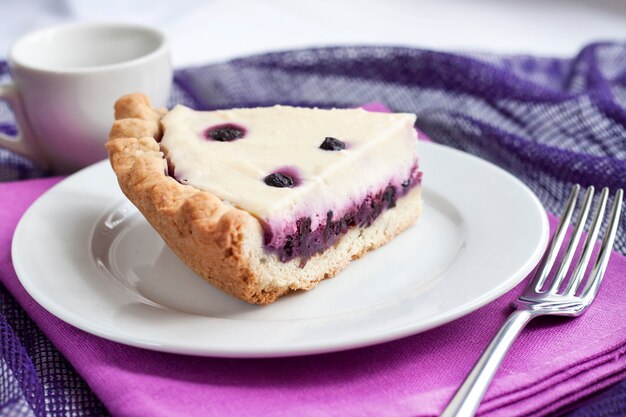 Pedazo de tarta de queso con arándanos