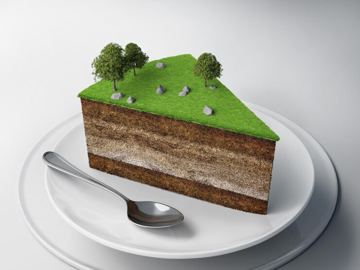 Pedazo de tierra con cuchara y plato Concepto para inversiones en tierra