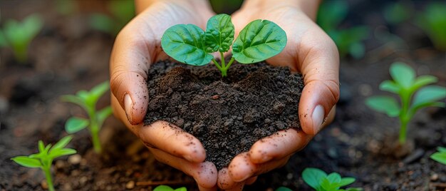 pedazo de tierra en forma de la que brota una pequeña planta verde con dos hojas