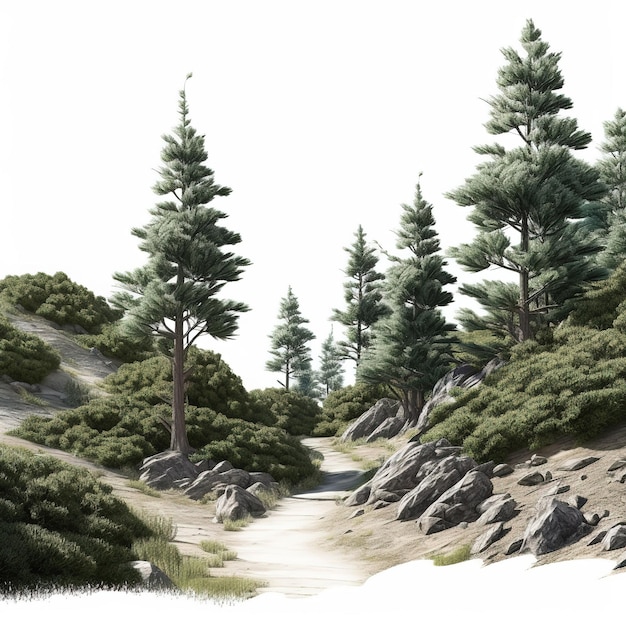 Pedazo de tierra salvaje con árboles y camino de tierra y camino de seguimiento Fondo de tierra de naturaleza isométrica