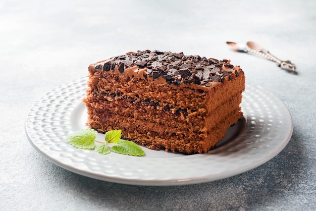 Un pedazo de torta de la trufa con el chocolate en un fondo concreto gris.