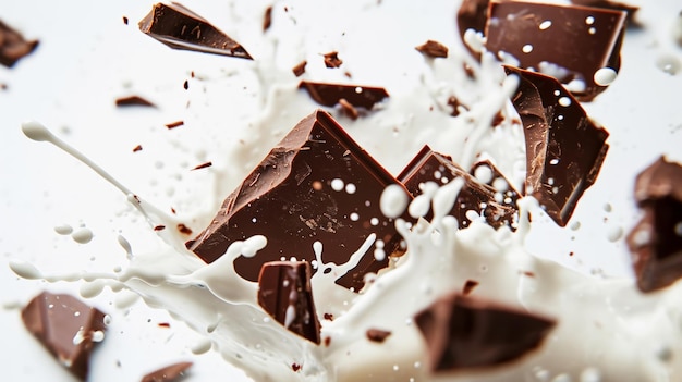 Foto los pedazos de delicioso chocolate roto flotan en salpicaduras de leche dinamyc telón de fondo blanco ia generativa