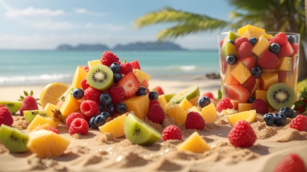 Foto pedazos de fruta en la playa