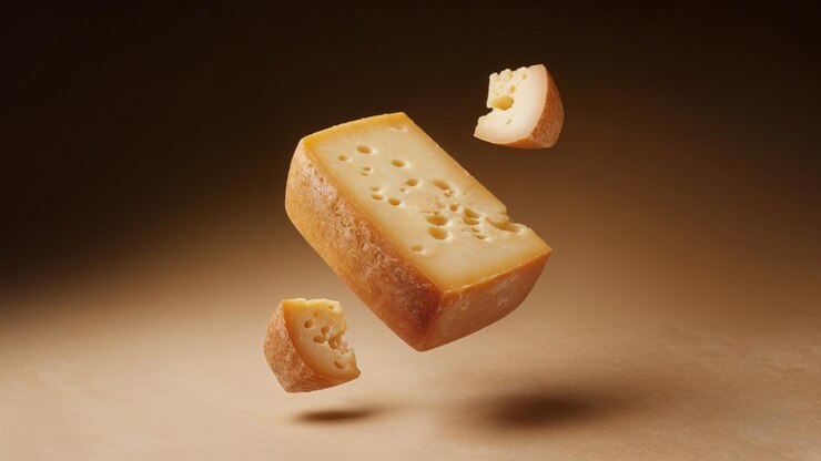 Los pedazos de queso flotan en el aire sobre un fondo beige