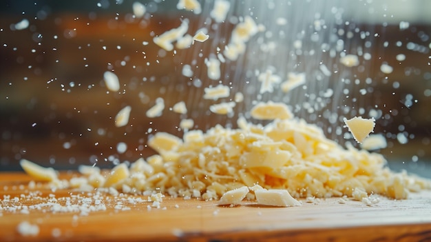 Foto los pedazos de queso que caen en un rallador con virutas de queso