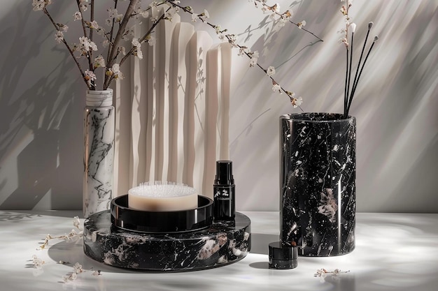 Pedestais de mármore preto para exposição de produtos cosméticos