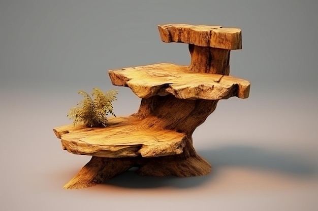 Pedestal 3D de madera rústica para la visualización de productos naturales en renderización 3D