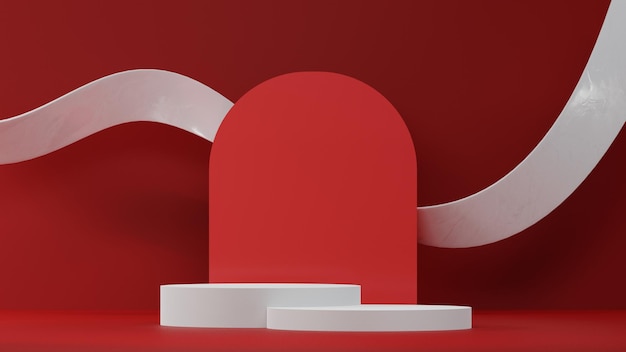 Pedestal abstrato de fundo moderno vermelho e branco mínimo 3D ou exibição de pódio para vitrine de produtos