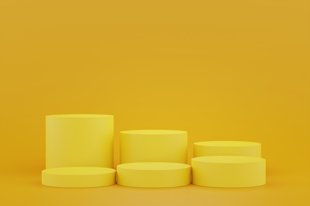 Pedestal amarillo para exhibición. Soporte de producto vacío con forma geométrica. Render 3d