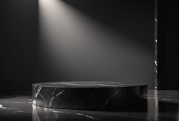 Pedestal arredondado de mármore preto vazio em palco com fundo de iluminação branca para colocação de produtos