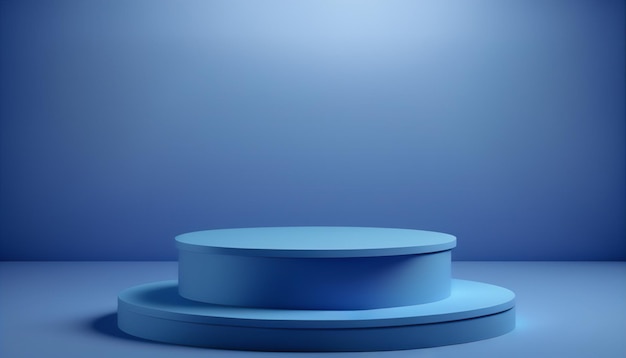 Pedestal azul para demostración de productos.