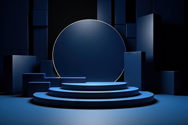 Pedestal azul oscuro en habitación negra con formas geométricas Podio para exhibición de productos AI generado