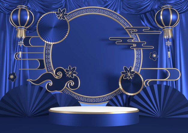 Pedestal azul sobre fundo azul para a apresentação. renderização 3d