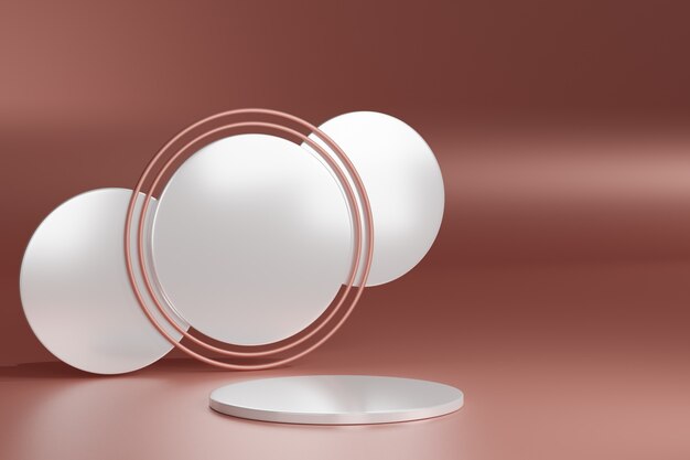 Pedestal en blanco con anillo redondo de oro blanco y rosa, render 3d