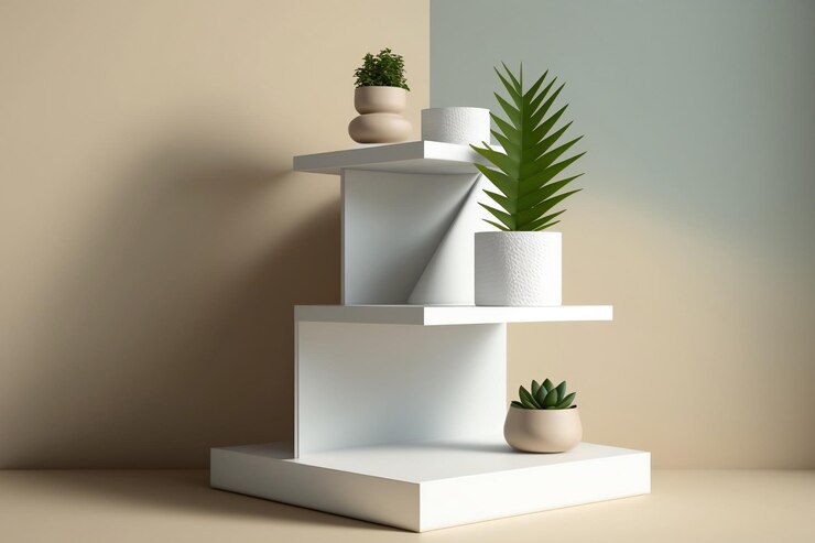 Pedestal blanco con baldas para presentación de producto Ai generativo