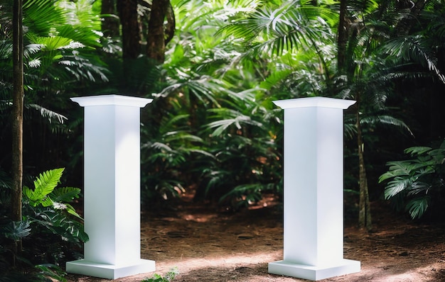 Pedestal blanco en bosque tropical para presentación de productos Detrás hay una vista del cielo.