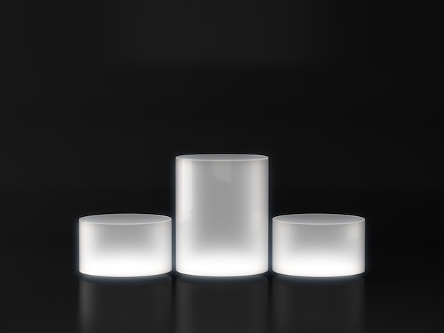 Pedestal blanco para escaparate de productos con brillo de luz blanca sobre fondo oscuro.