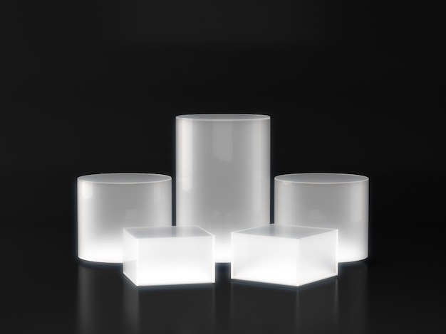 Foto pedestal blanco para escaparate de productos con brillo de luz blanca sobre fondo oscuro.