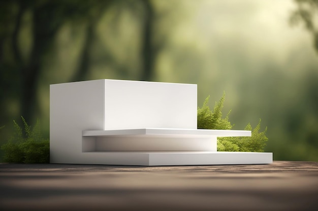 Pedestal blanco con estantes para presentación de productos con fondo de jardín borroso Ai generativo