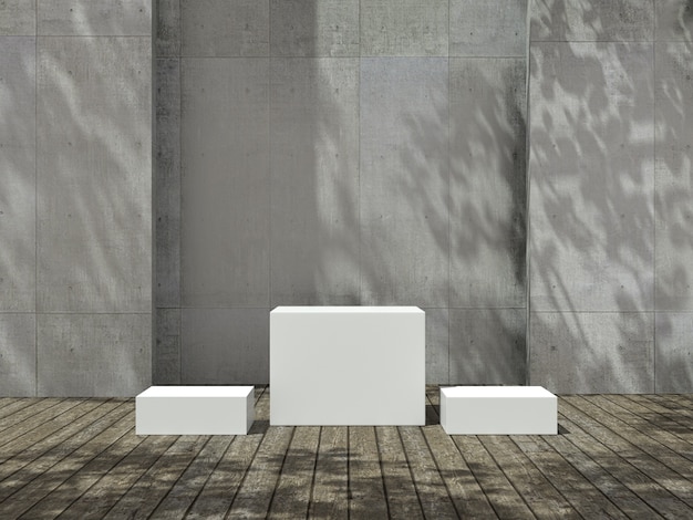 Pedestal blanco para exhibición de productos en piso de madera
