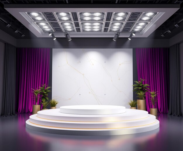 Pedestal blanco minimalista con cortinas y plantas púrpuras
