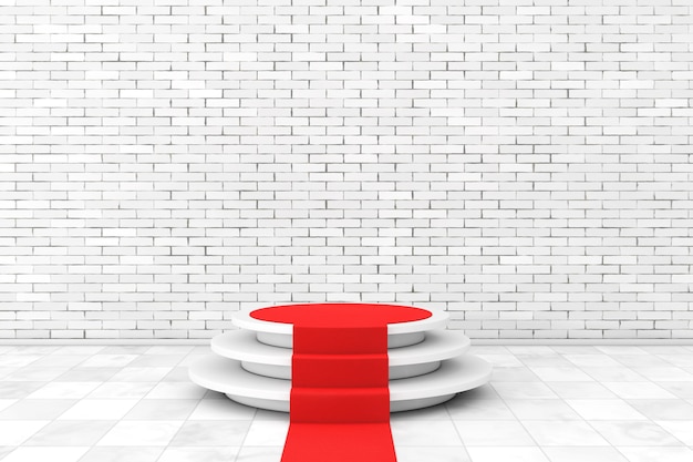 Pedestal blanco redondo con escalones y una alfombra roja frente a la pared de ladrillos. Representación 3D