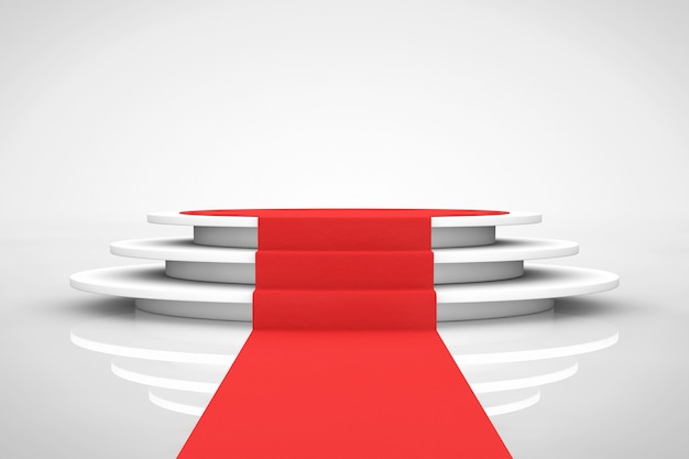 Pedestal blanco redondo con escalones y una alfombra roja sobre un fondo blanco. Representación 3D