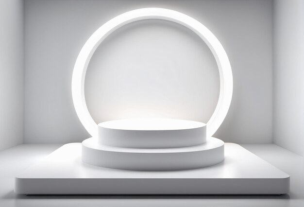 Pedestal branco arredondado vazio, luz de palco, fundo iluminado para colocação de produtos