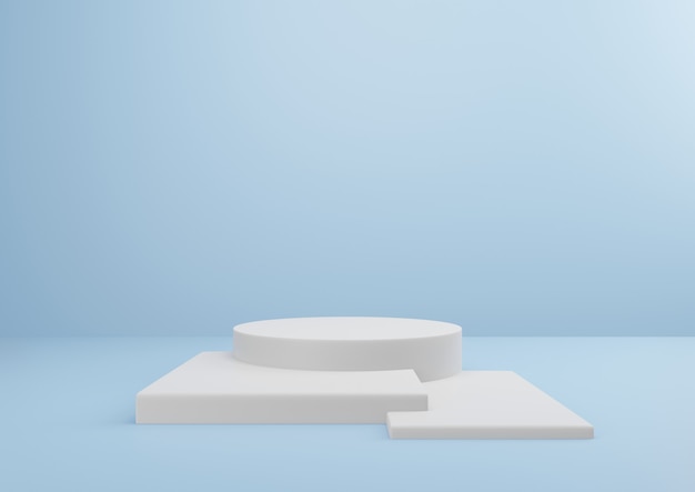 Pedestal branco sobre fundo azul Design mínimo para apresentação de produto renderização em 3D.