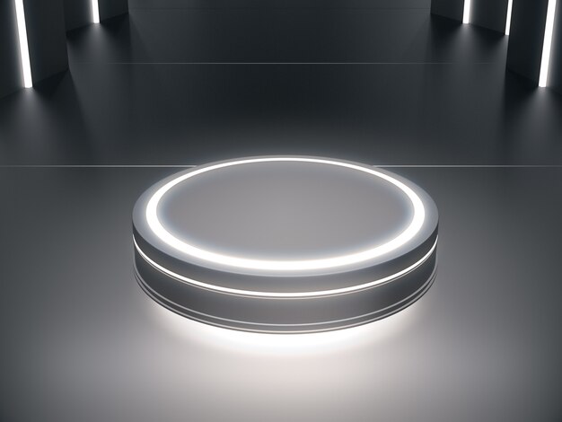 Pedestal con brillo de luz para exhibición de productos en una habitación futurista.