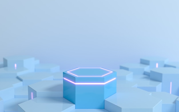 Pedestal de ciencia ficción hexagonal azul futurista con luz de neón púrpura para exhibición de productos de exhibición 3d