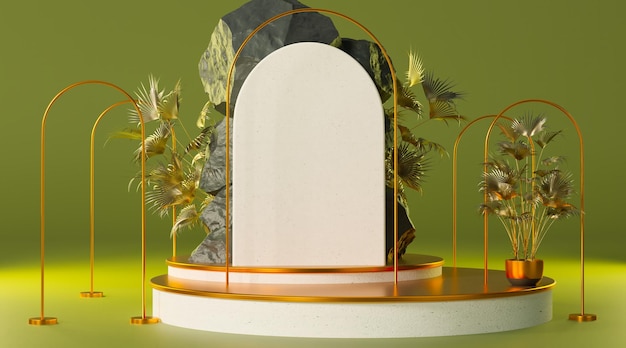 Pedestal cilíndrico para escaparate de productos Soporte de maqueta de producto concepto verde Fondo de forma de roca y piedra geométrica en blanco y negro Representación 3D