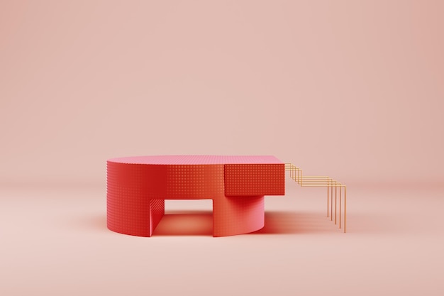 Pedestal cilíndrico vermelho com formas geométricas abstratas em fundo de cor pastel para exibição do produto