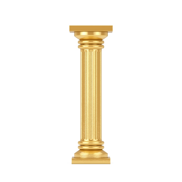 Pedestal de coluna grego clássico dourado sobre um fundo branco. Renderização 3D