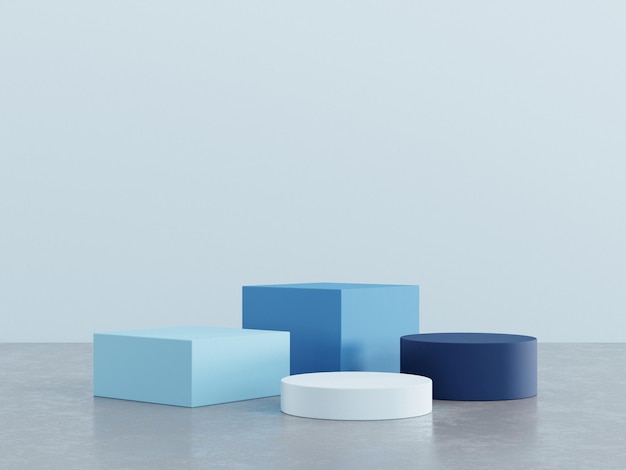 Pedestal de forma geométrica para exibição de produtos com renderização em 3d de fundo azul claro