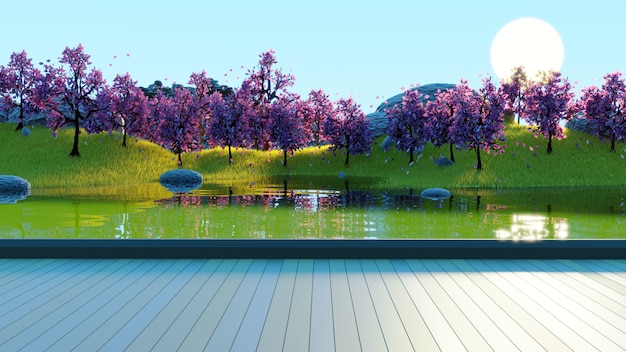 pedestal de madeira com fundo de paisagem de lago e floresta renderização em 3d