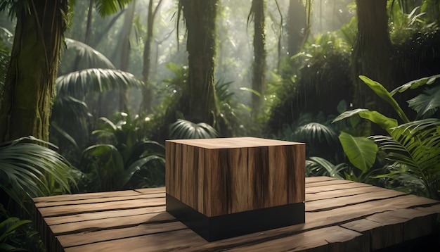 Pedestal de madeira em floresta tropical para apresentação de produtos