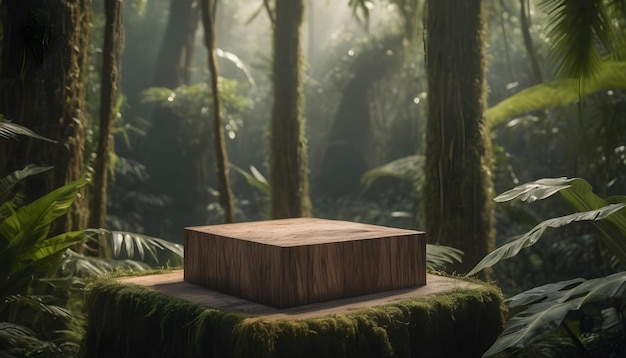 Pedestal de madeira em floresta tropical para apresentação de produtos