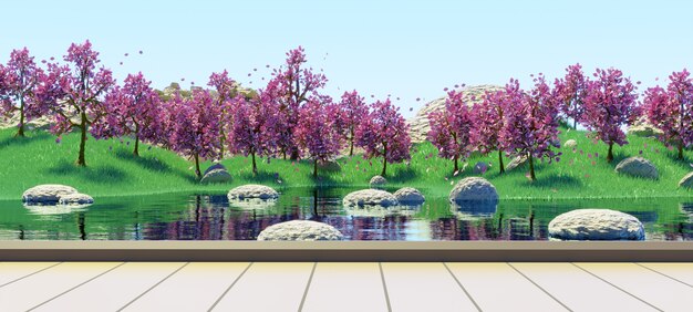 pedestal de madeira para ver o lago e a floresta de árvores rosa com grama VERDE fundo de verão renderização em 3D