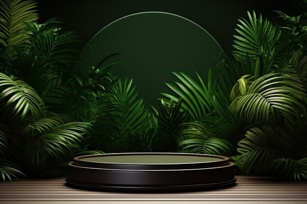 Pedestal de pódio em floresta tropical planta de jardim verde produto natural colocação presente exibição conceito de primavera verão IA generativa