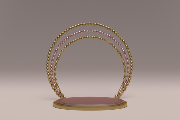 Pedestal de pódio redondo vazio 3d em fundo bege com arco dourado pérola projeto criativo abstrato