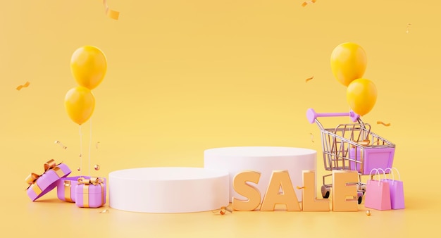 Pedestal de promoção de venda com desconto saudação de produto especial ilustração 3d de fundo amarelo