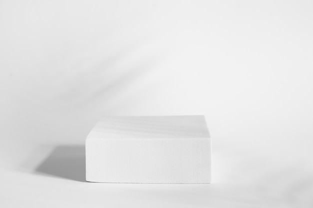 pedestal de suporte branco sobre um fundo com uma sombra cinza de uma folha de uma planta para texto e criatividade. Para produtos cosméticos ou industriais.