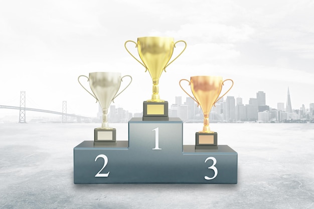 Pedestal deportivo con copas ganadoras de plata dorada y bronce en el fondo de la ciudad Representación 3D
