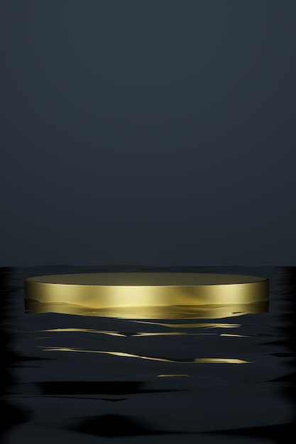 Pedestal dorado en la superficie del agua oscura 3d render