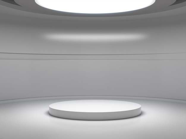 Pedestal para exhibir en una sala blanca vacía con luces desde arriba, soporte de producto en blanco.