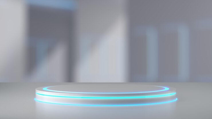 Foto pedestal futurista blanco con fondo azul de laboratorio.