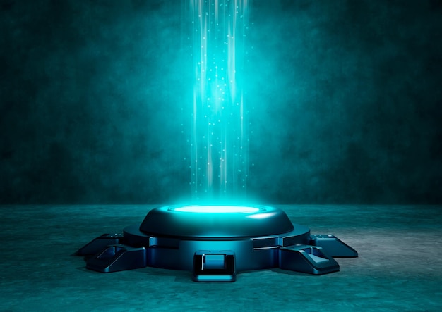 Pedestal futurista de luz neon para maquete de apresentação de produtos Scifi vitrine de pódio em sala vazia de nave espacial