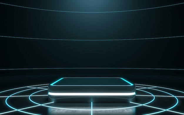 Pedestal futurista para exibição. Pódio em branco para o produto. Renderização 3d