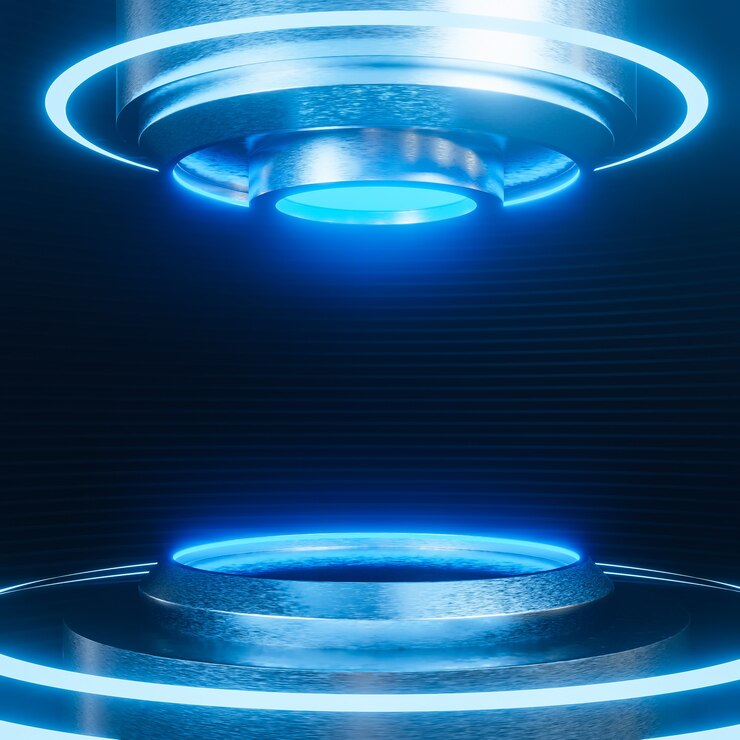Pedestal futurista para la presentación del producto en estilo de ciencia ficción de fondo de pared de tira negra. , Modelo 3d e ilustración.